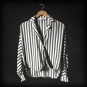 Black and White Pinstriped Draped Blouse